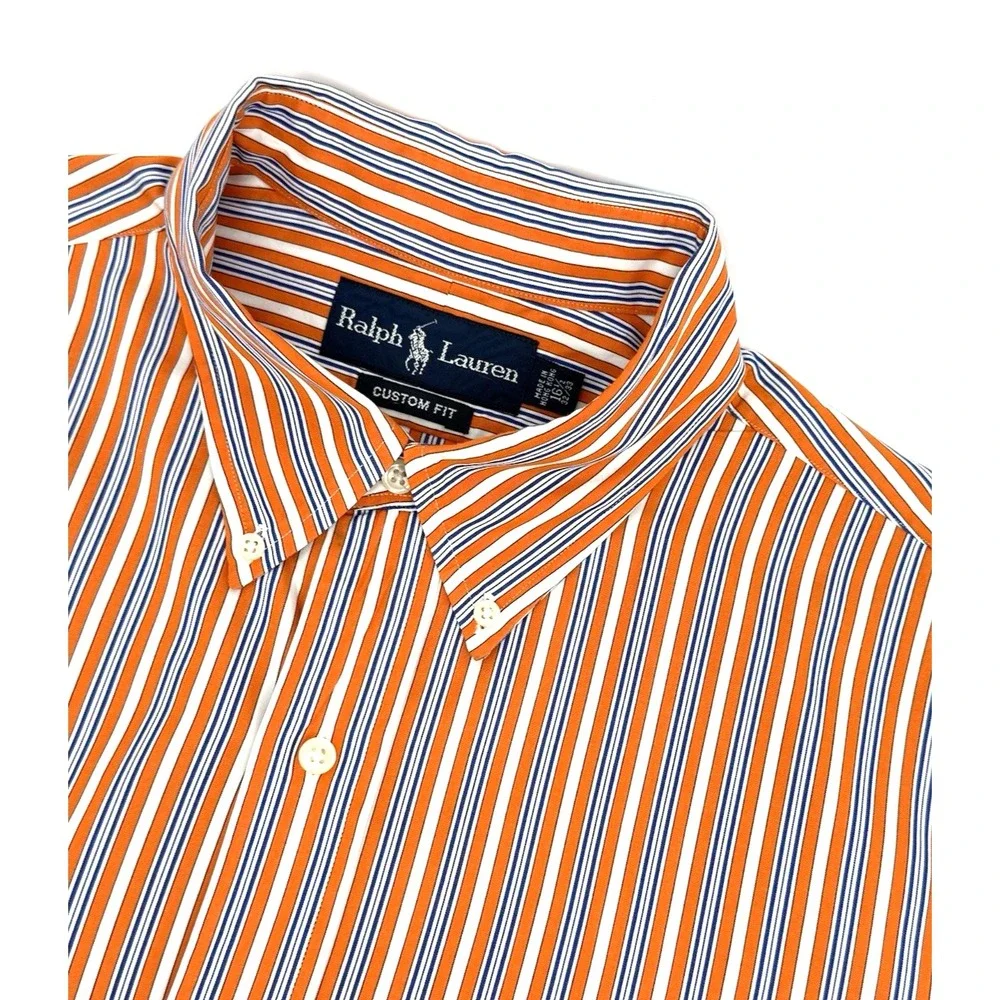 Ralph Lauren Shirt Men's L Custom Fit Long Sleeve Orange Blue Stripe Hong‎ Kong